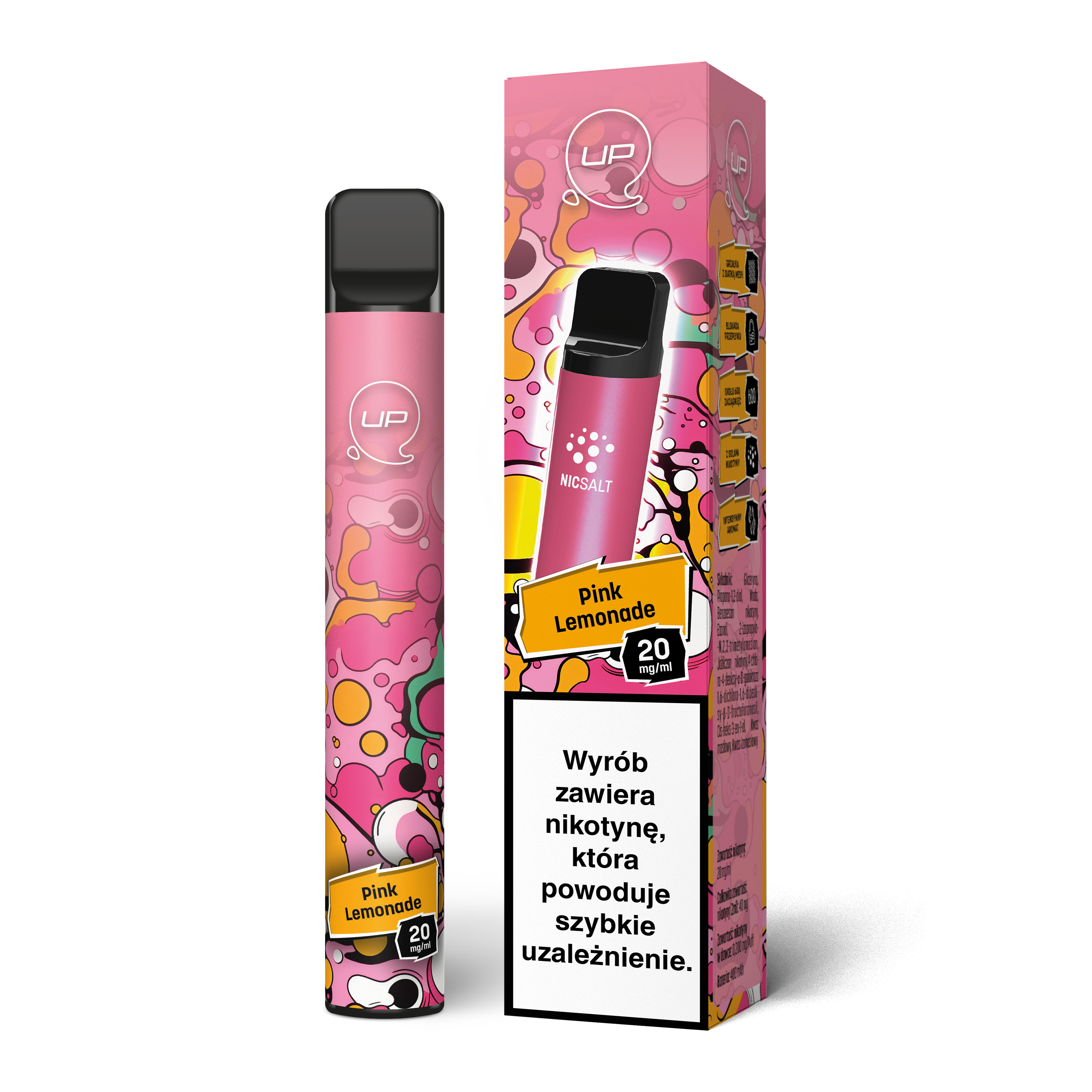 papieros jednorazowy marki up z kartonikiem o smaku pink lemonade